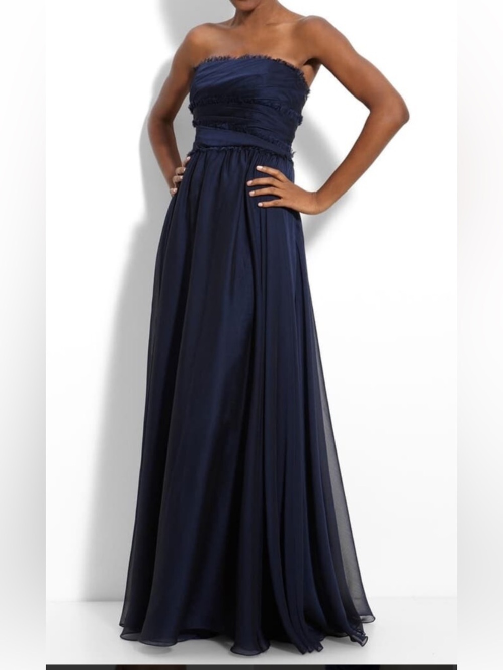 Monique Lhuillier Navy Lined Dress Gown w/Frayed Trim Strapless Size 4 Chiffon
